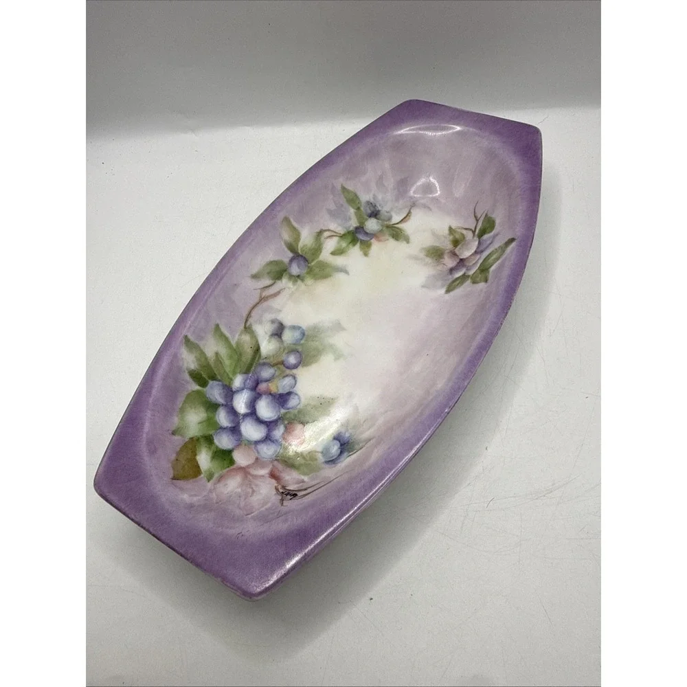 Antique Hand Painted Violet Porcelain Trinket Tray Dish Dresser Tray 9